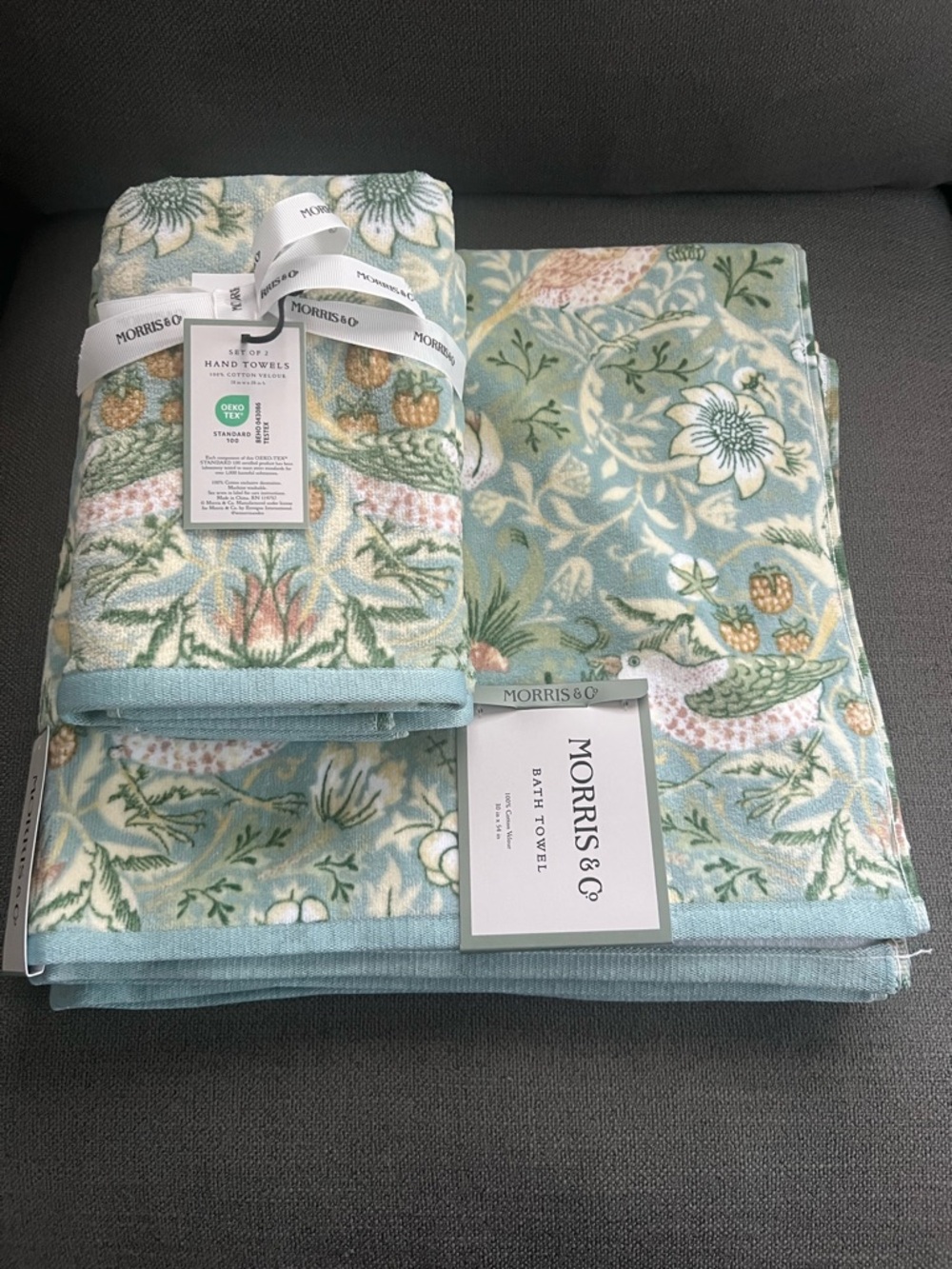 4 pc William Morris Strawberry Thief Floral Velour Bath Towel Set